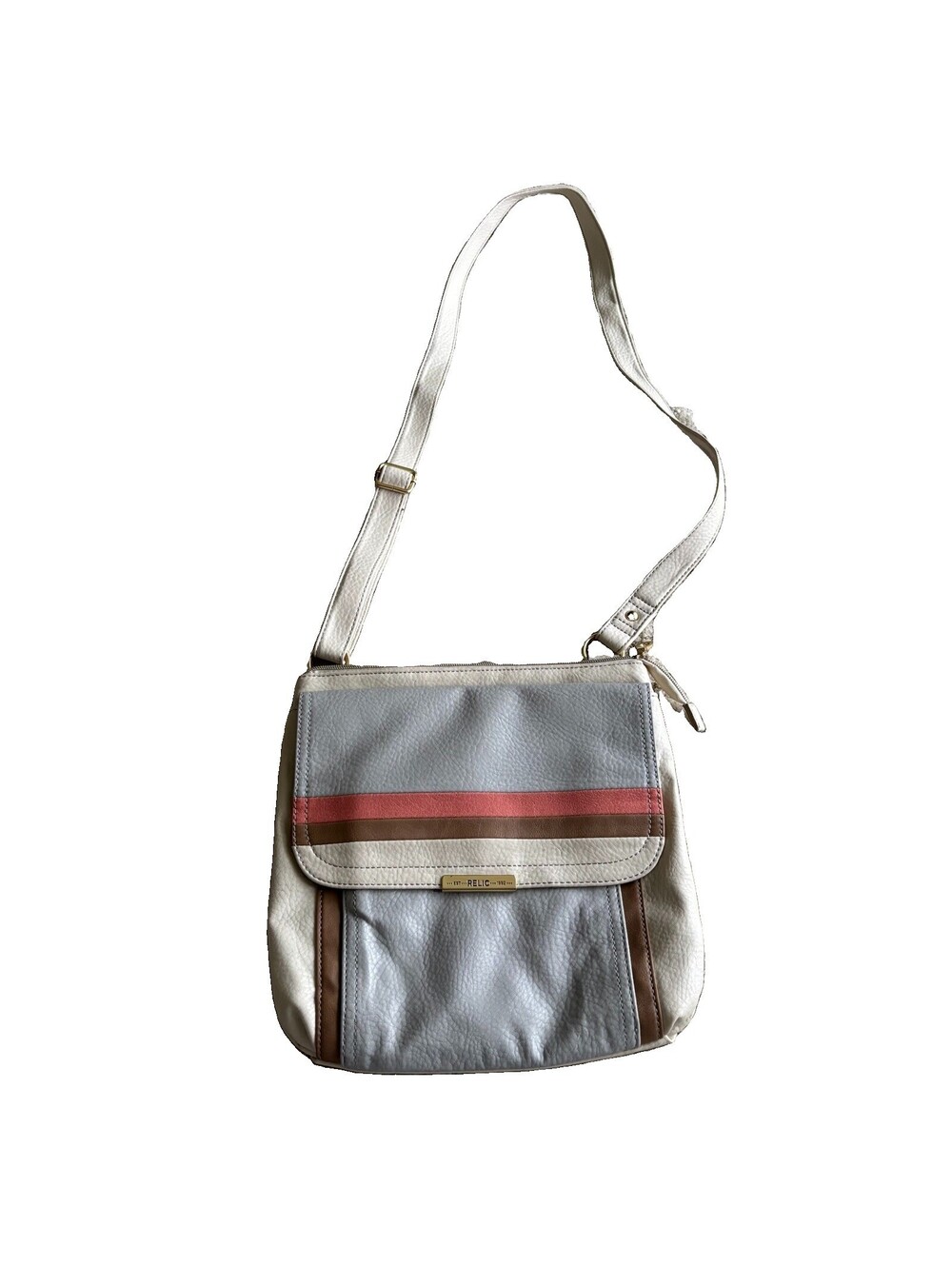 Relic Faux Leather Ivory Gray Crossbody Shoulder Bag Zip Close Pockets Vegan